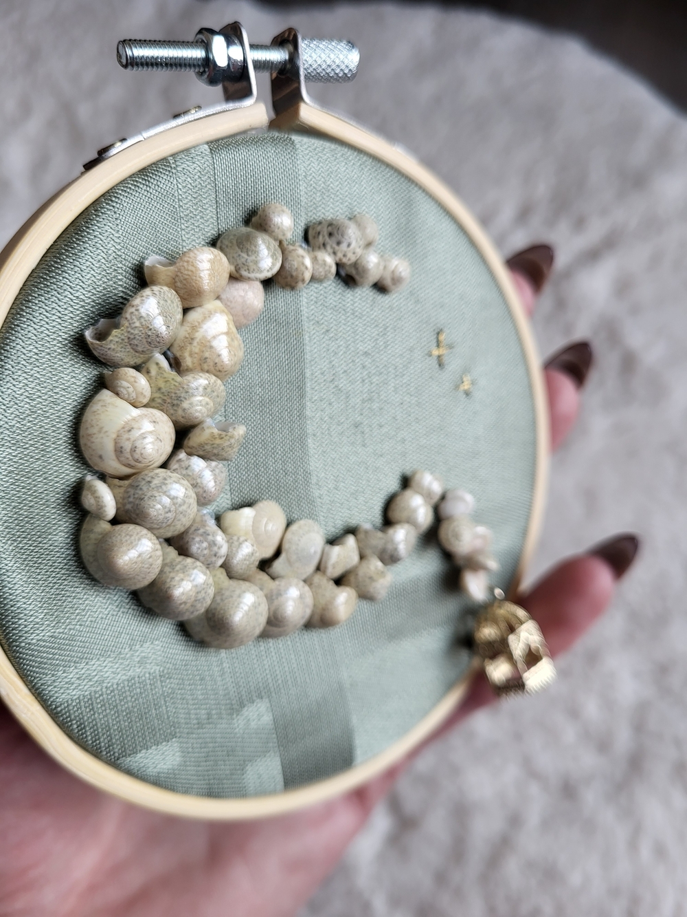 Crescent Seashell Art On 5in Embroidery Hoop in Cream and Gold Accent